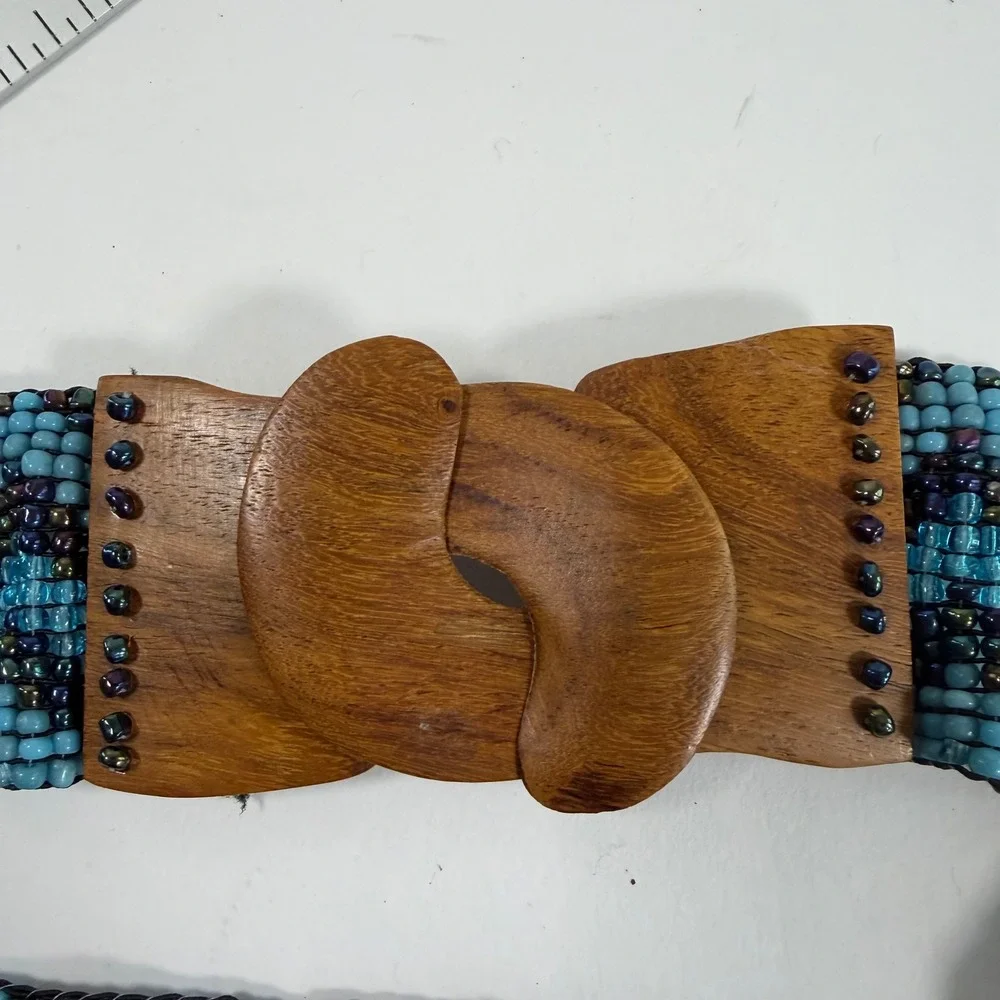 Beaded Elastic Stretch Waist Belt Blue Wood Buckle Festival Boho Artisan